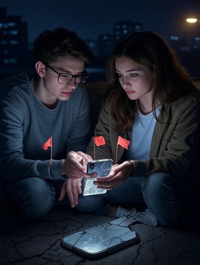 Couple holding a phone with redflags