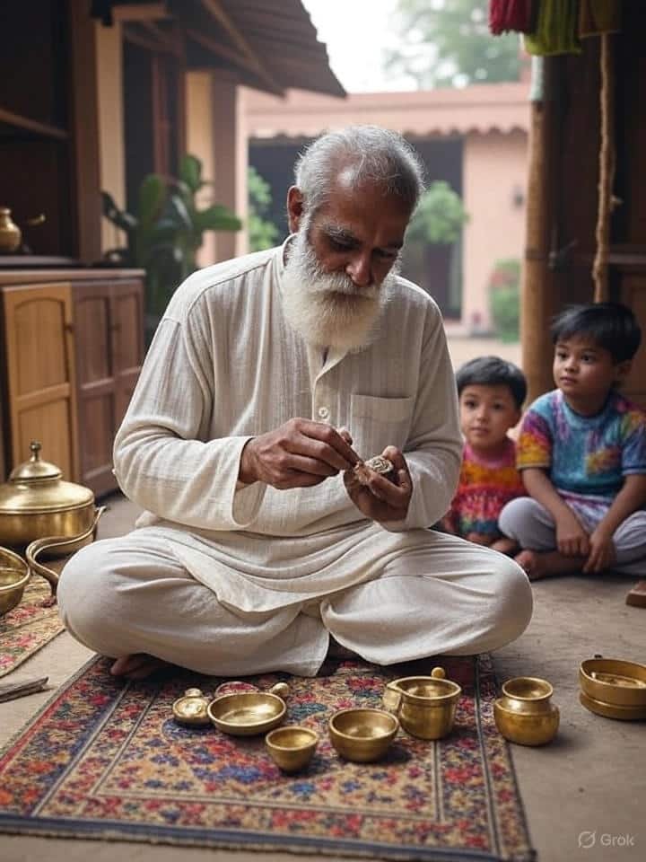 Indian grandpa repairing and kids wathcing