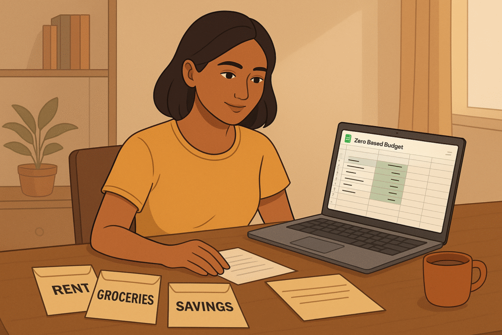 Indian woman creating a zero-based monthly budget using Google Sheets and cash envelopes at home