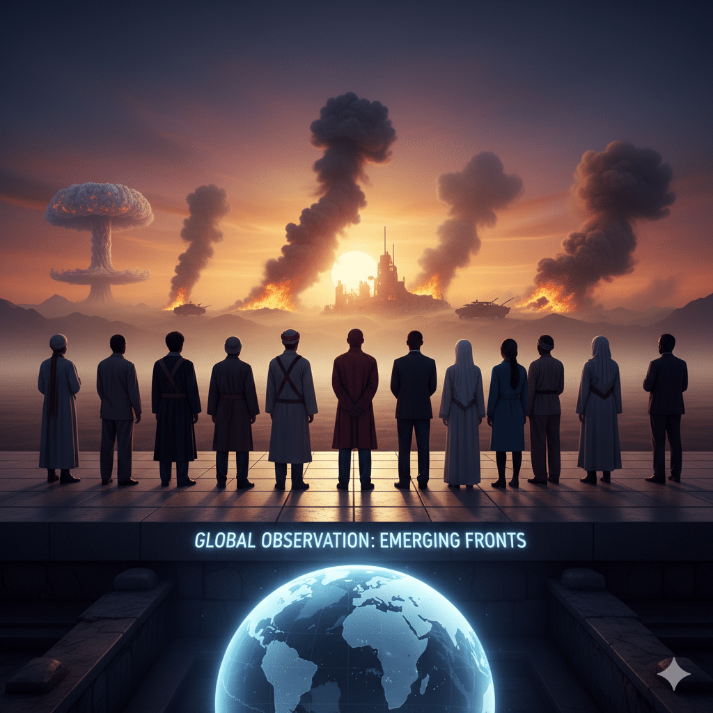 world looking at emerging conflicts visible at horizon